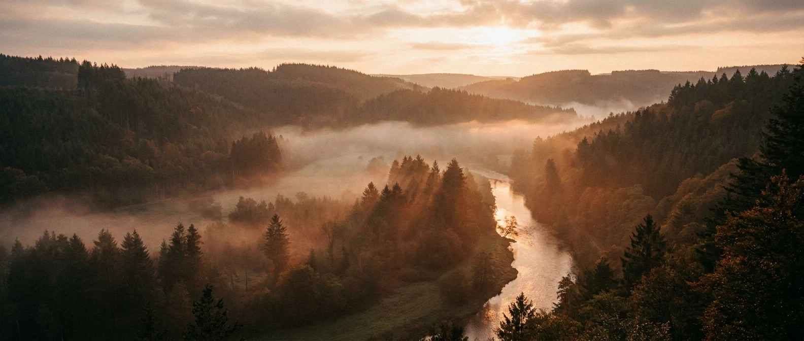 Misty river valley in the Ardennes at sunrise